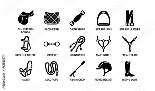 Equestrian equipment icons: saddle, bridle, helmet, riding boots, martingale