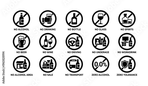 Alcohol prohibition symbols: no drinking, driving, underage, or sale