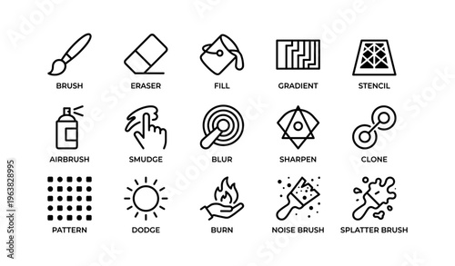 Digital art tools icons: brush, eraser, fill, gradient, stencil, and more
