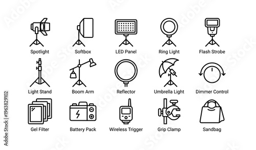 Studio lighting equipment icons with spotlight softbox led panel and more