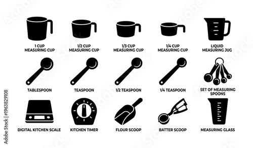 Kitchen measurement tools: cups, spoons, scale, timer, scoop, jug