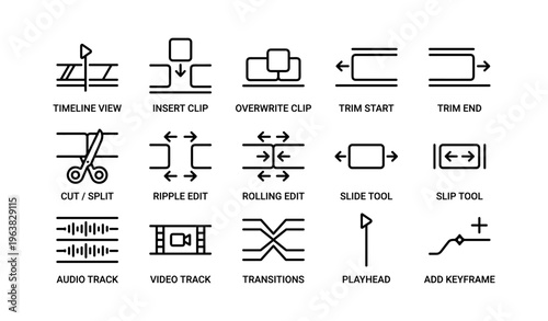 Video editing icons: timeline, clips, cuts, tools, tracks
