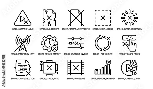 Computer error symbols collection featuring icons for various technical issues