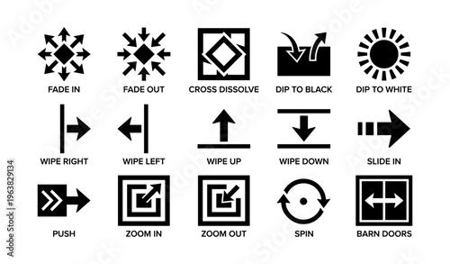 Set of transition icons: fade, wipe, zoom, spin, slide for video editing