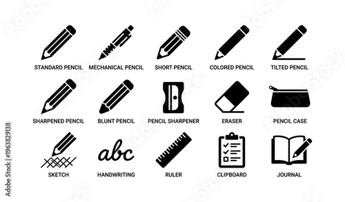 Illustration of various stationery icons including pencils, sharpener, eraser, ruler, and journal