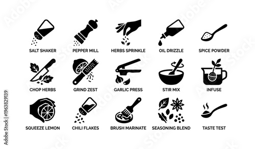 Kitchen utensil icons featuring spice, herb, and cooking tools
