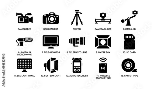 Common videography and photography equipment illustrations