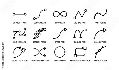 Diagram of various path and motion symbol icons for design