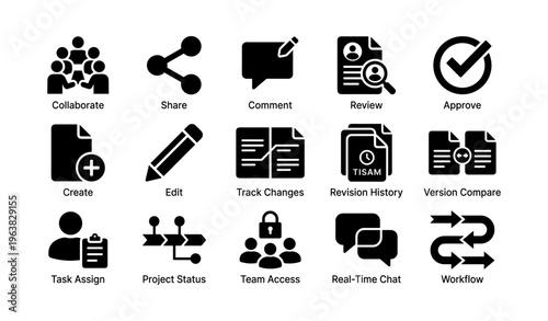 Collaborative workflow icons: edit, review, approve, share, task management in black and white