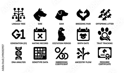 Dog breeding icons: lineage, mating, traits, dna analysis, pedigree