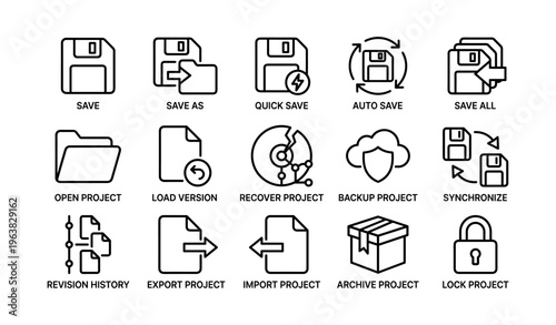 Vector icons for project management and data storage functions