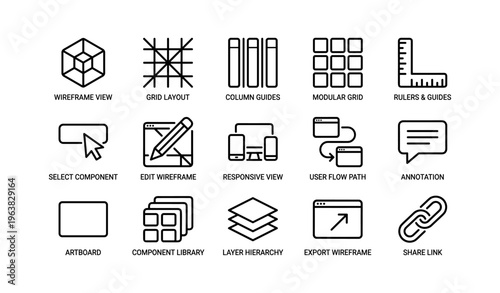 Ui design icons: wireframe view, grid layout, responsive view, component library