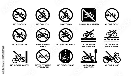 Prohibition signs for bicycles and cycling regulations