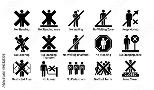 Various signage icons indicating restricted movement and access areas