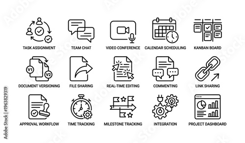 Icons of task management and collaboration tools for efficient workflow