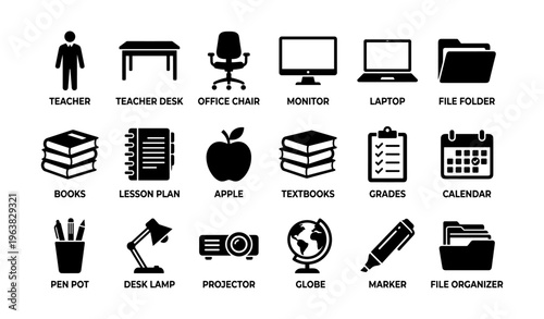 Classroom icons: teacher, desk, technology, supplies, education tools