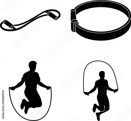 Silhouette illustrations of people jumping rope and jump ropes  exercise and fitness equipment