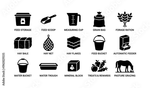 Equine feeding tools and supplies: comprehensive icons set for horse care