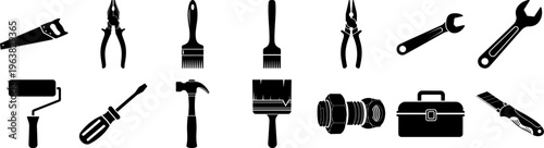 Black and white silhouette of various construction tools and equipment for home repair and building