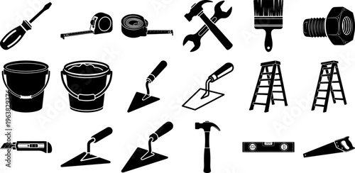 Collection of various construction tools and equipment for building and repair work one set
