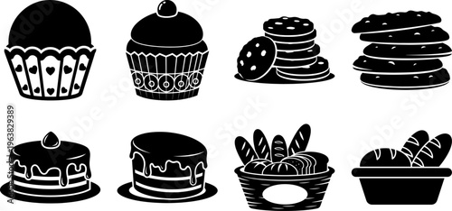 Black and white icons of various baked goods and desserts on white background