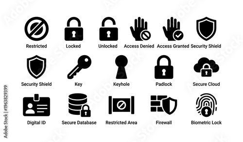 Security icon set: locks, shields, keys, and digital security symbols