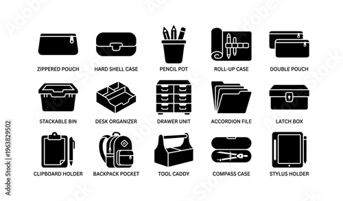 Organizational icons: cases, bins, and holders for efficient storage solutions