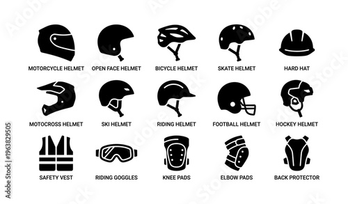 Diverse helmet and safety gear icons including motorcycle bicycle and hard hat