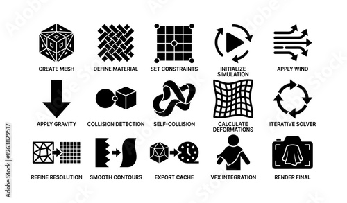 Icons representing 3d modeling and simulation processes with various functions and tools