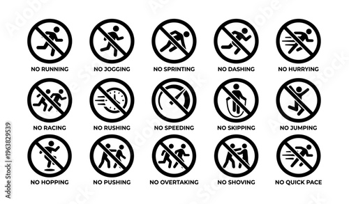 Prohibited actions icons: no running, jogging, sprinting, dashing, hurrying, racing, rushing, speeding