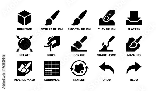 Set of 16 black brush tool icons for digital sculpting and editing