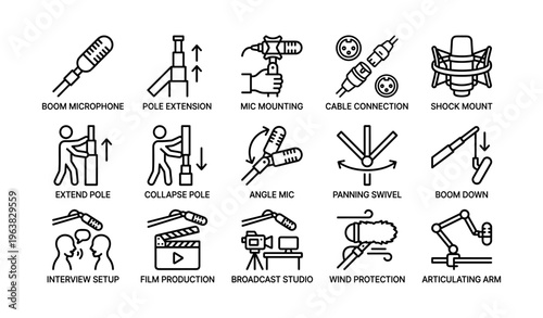 Audio equipment line icons set with boom microphone shock mount and studio accessories