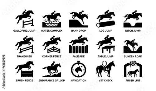 Equestrian obstacles and activities icons: gallop, jump, navigation, vet check