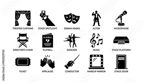 Theater icons set with curtains, drama masks, and music symbols