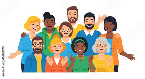 Diverse group of people smiling and waving together in unity and friendship outdoors.