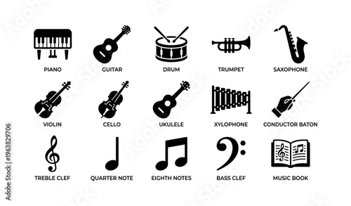 Musical instrument icons: piano, violin, guitar, drum, music symbols