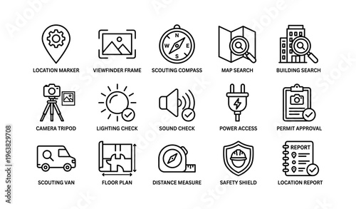 Icons for location, equipment, and safety in scouting and filming
