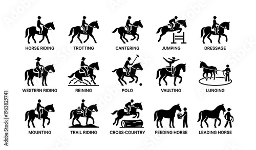 Equestrian activities icons set with diverse horse riding disciplines