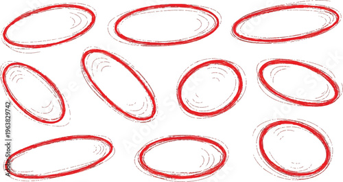 Hand drawn black and white oval shapes collection. Sketchy Ellipse Set: A series of hand-drawn ellipses in varying styles, offering a versatile