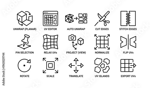 3d modeling uv editing icons set with tools and actions