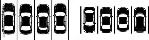 Overhead view of cars parked in parallel parking spaces along a road side