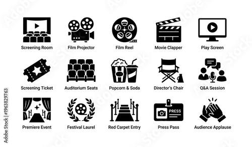 Cinema icons: film projector, movie clapper, screening ticket, director's chair, red carpet