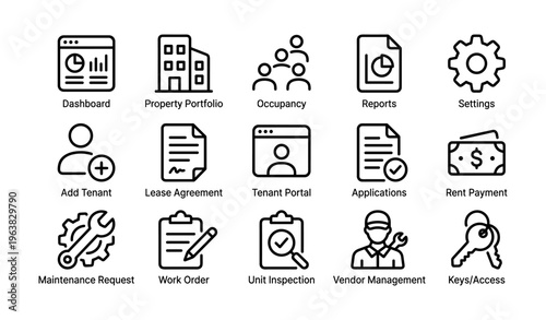Property management icons: dashboard, lease agreements, vendor management, rent payment tools