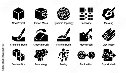 Digital sculpting icons for various 3d modeling tools