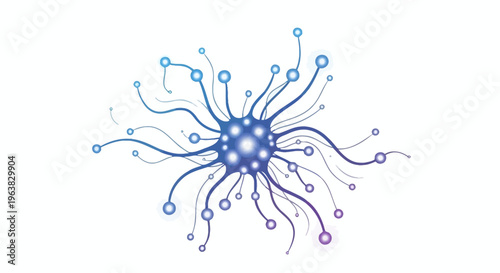 Illustration of a neuron with glowing connections and nodes on a white background