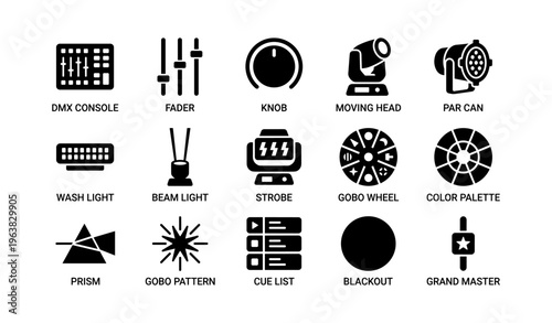 Stage lighting icons set: dmx console, fader, knob, spotlight, blackout
