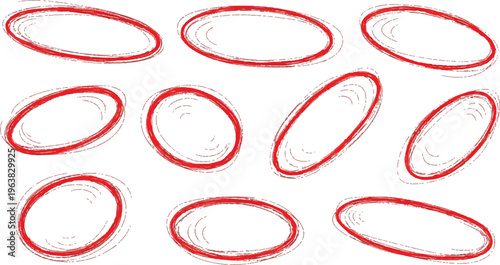 Hand drawn black and white oval shapes collection. Sketchy Ellipse Set: A series of hand-drawn ellipses in varying styles, offering a versatile