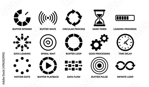 Set of black loading icons for data processing and time management