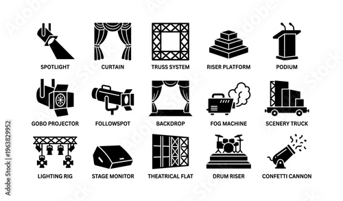 Stage equipment and tools icons for theater and events