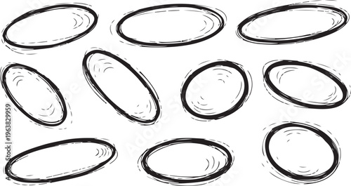 Hand drawn black and white oval shapes collection. Sketchy Ellipse Set: A series of hand-drawn ellipses in varying styles, offering a versatile